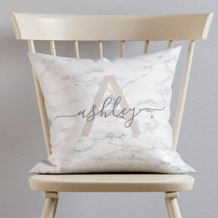 Chic Blush Pink & Graue Marmorbezeichnung Monogram Kissen