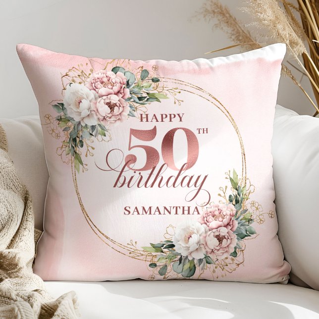 Chic Blush Pink Greenery 50th Birthday Pillow Gift Kissen (Chic Blush Pink Greenery 50th Birthday Pillow Gift)
