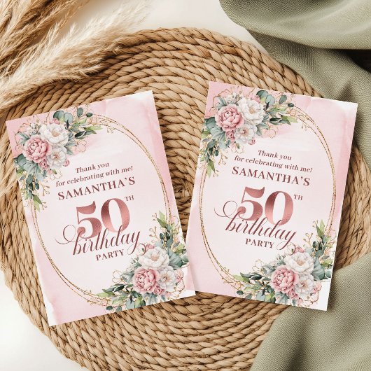 Chic Blush Pink Greenery 50th Birthday Thank You Dankeskarte