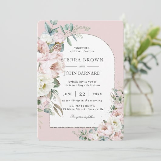 Chic Blush Pink Ivory Peonies Floral Arch Hochzeit Einladung (Stehend Vorderseite)