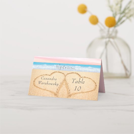 Chic Blush Pink Lila Beach Hochzeit 2 Herz Sand Platzkarte (Vorderseite)