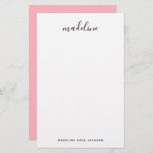 Chic Blush Pink mit schwarzem kalligraphischen Nam Briefpapier (Vorne/Hinten)