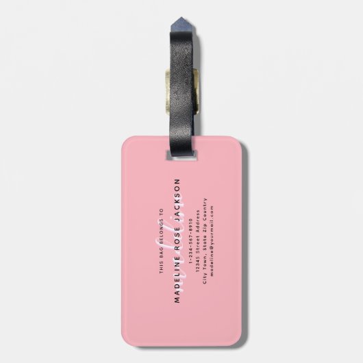 Chic Blush Pink mit schwarzem kalligraphischen Nam Gepäckanhänger (Rückseite vertikal)