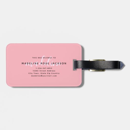 Chic Blush Pink mit schwarzem kalligraphischen Nam Gepäckanhänger (Rückseite horizontal)