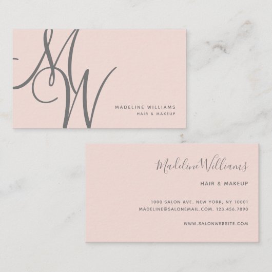 Chic Blush Pink Moderne Monogram Script Initialen Visitenkarte (Vorne/Hinten)