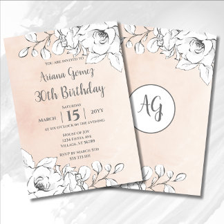 Chic Blush Pink Moderne Weiße Blüte 30. Geburtstag Einladung