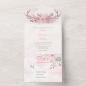 Chic Blush Pink Peony Sage Deer Antlers Wedding All In One Einladung (Innen)
