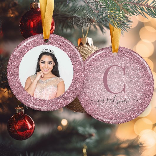 Chic Blush Pink | Rose Gold Glitzer Monogram Foto Keramik Ornament