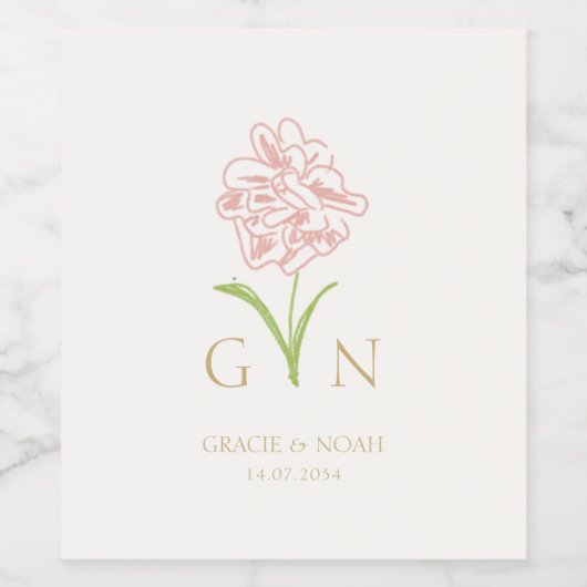 Chic Blush Pink Rose Initials Wedding Weinetikett (Einzelnes Label)