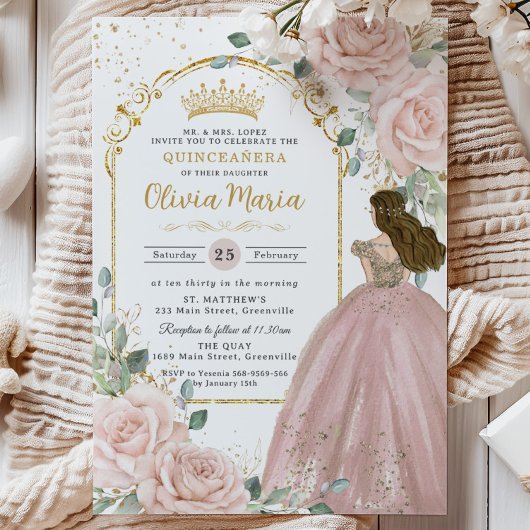 Chic Blush Pink Roses Blumenprinzessin Quinceañera Einladung
