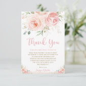 Chic Blush Pink Roses Floral Gold Girl Babydusche Dankeskarte (Stehend Vorderseite)