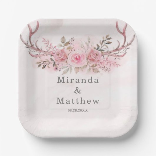 Chic Blush Pink Sage Deer Antlers Blumenhochzeit Pappteller (Vorderseite)