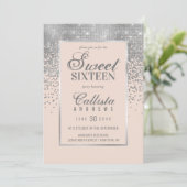 Chic Blush Pink Silver Glitzer Confetti Sweet 16 Einladung (Stehend Vorderseite)