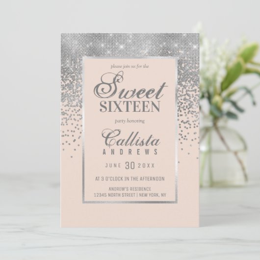 Chic Blush Pink Silver Glitzer Confetti Sweet 16 Einladung (Stehend Vorderseite)