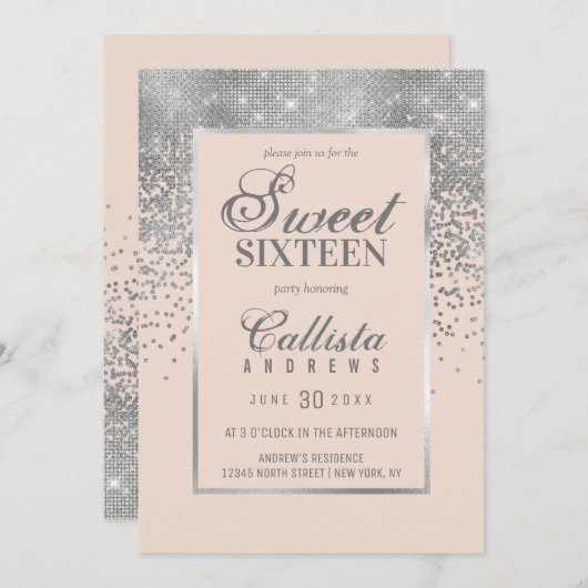 Chic Blush Pink Silver Glitzer Confetti Sweet 16 Einladung (Vorne/Hinten)