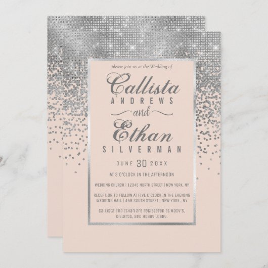 Chic Blush Pink Silver Glitzer Confetti Wedding Einladung (Vorne/Hinten)
