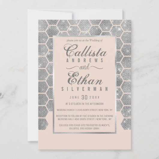 Chic Blush Pink Silver Glitzer Hexagon Geo Wedding Einladung (Vorderseite)