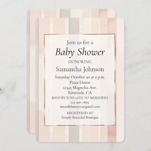Chic Blush Pink Stripes Babydusche Einladung (Vorne/Hinten)