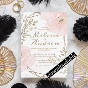 Chic Blush Pink & Taupe Romantische Blumenhochzeit Einladung