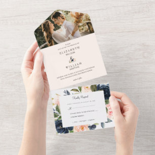 Chic Blush Pink und Navy Blau Florale Hochzeitsfot All In One Einladung