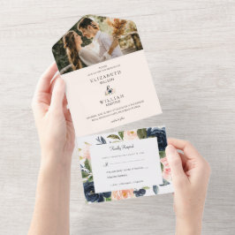 Chic Blush Pink und Navy Blue Floral Wedding Foto All In One Einladung