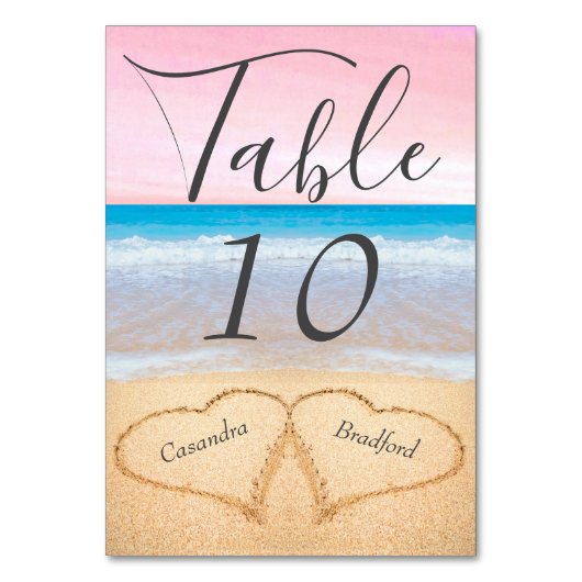 Chic Blush Pink und Strand Hochzeit 2 Herzen in Sa Tischnummer (Rückseite)