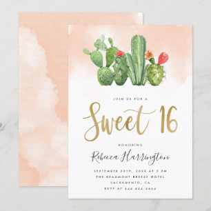 Chic Blush Pink Wasserfarbe & Kakteen Sweet 16 Einladung