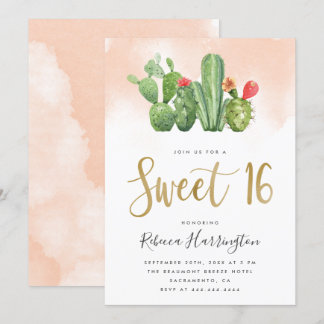 Chic Blush Pink Wasserfarbe & Kakteen Sweet 16 Einladung