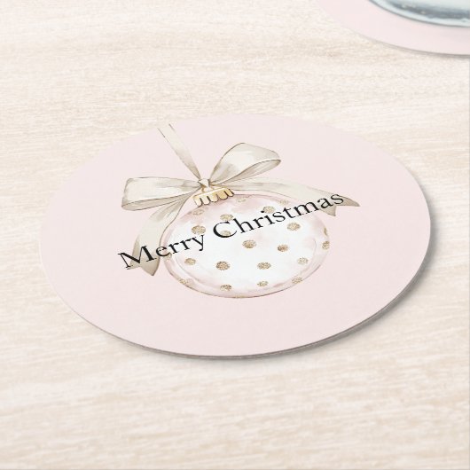 Chic Blush Pink White Dots Bow Ornament Weihnachte Runder Pappuntersetzer (Angewinkelt)