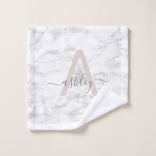Chic Blush Pink White Marble Script Name Monogram Badhandtuch Set (Waschlappen)
