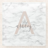 Chic Blush Pink White Marble Script Name Monogram Glasuntersetzer (Vorderseite)