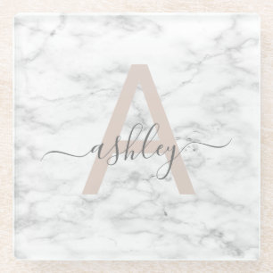 Chic Blush Pink White Marble Script Name Monogram Glasuntersetzer
