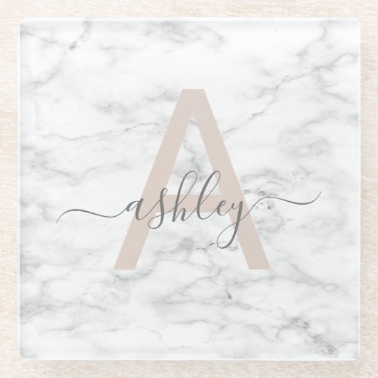 Chic Blush Pink White Marble Script Name Monogram Glasuntersetzer (Vorderseite)