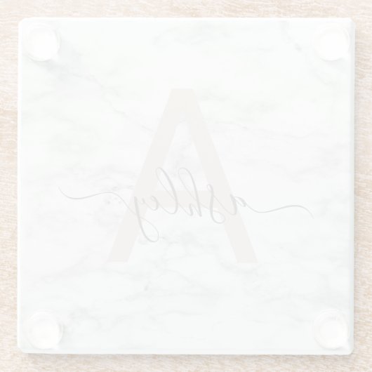 Chic Blush Pink White Marble Script Name Monogram Glasuntersetzer (Rückseite)