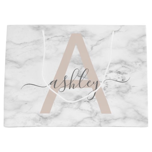 Chic Blush Pink White Marble Script Name Monogram Große Geschenktüte (Vorderseite)