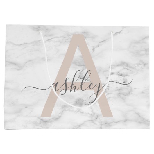 Chic Blush Pink White Marble Script Name Monogram Große Geschenktüte (Rückseite)