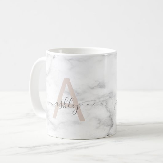 Chic Blush Pink White Marble Script Name Monogram Kaffeetasse (Vorderseite Links)