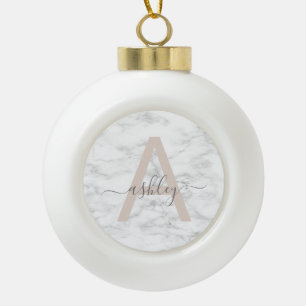 Chic Blush Pink White Marble Script Name Monogram Keramik Kugel-Ornament