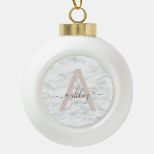 Chic Blush Pink White Marble Script Name Monogram Keramik Kugel-Ornament (Vorderseite)