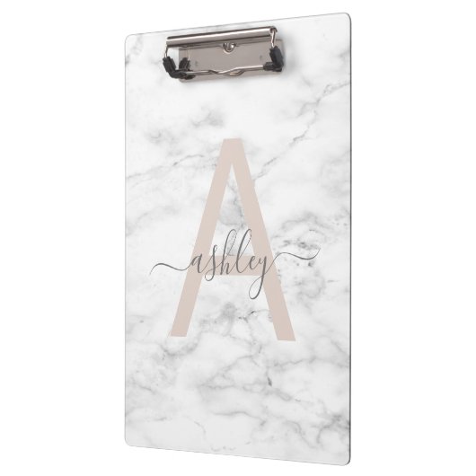 Chic Blush Pink White Marble Script Name Monogram Klemmbrett (Links)