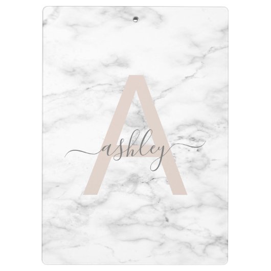 Chic Blush Pink White Marble Script Name Monogram Klemmbrett (Rückseite)