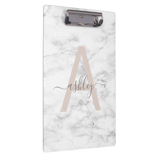 Chic Blush Pink White Marble Script Name Monogram Klemmbrett (Rechts)