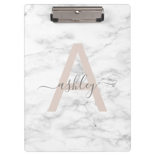 Chic Blush Pink White Marble Script Name Monogram Klemmbrett
