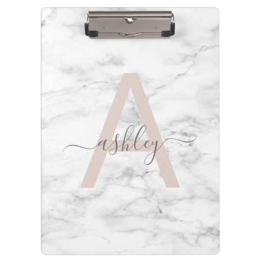 Chic Blush Pink White Marble Script Name Monogram Klemmbrett (Vorderseite)
