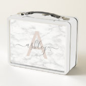 Chic Blush Pink White Marble Script Name Monogram Metall Brotdose (Rückseite)