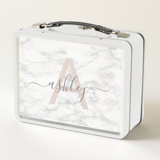 Chic Blush Pink White Marble Script Name Monogram Metall Brotdose (Rückseite)