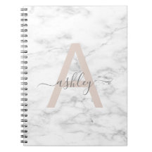Chic Blush Pink White Marble Script Name Monogram
