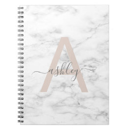 Chic Blush Pink White Marble Script Name Monogram Notizblock