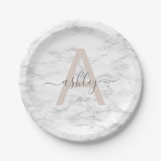 Chic Blush Pink White Marble Script Name Monogram Pappteller (Vorderseite)