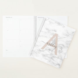 Chic Blush Pink White Marble Script Name Monogram Planer